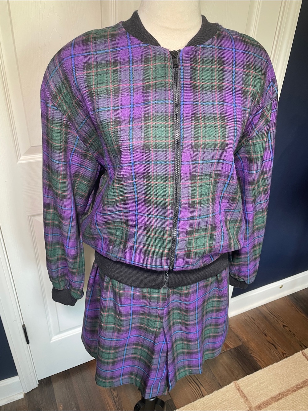 Vintage First Option Purple & Green Plaid Bomber Jacket Shorts Set Size Large